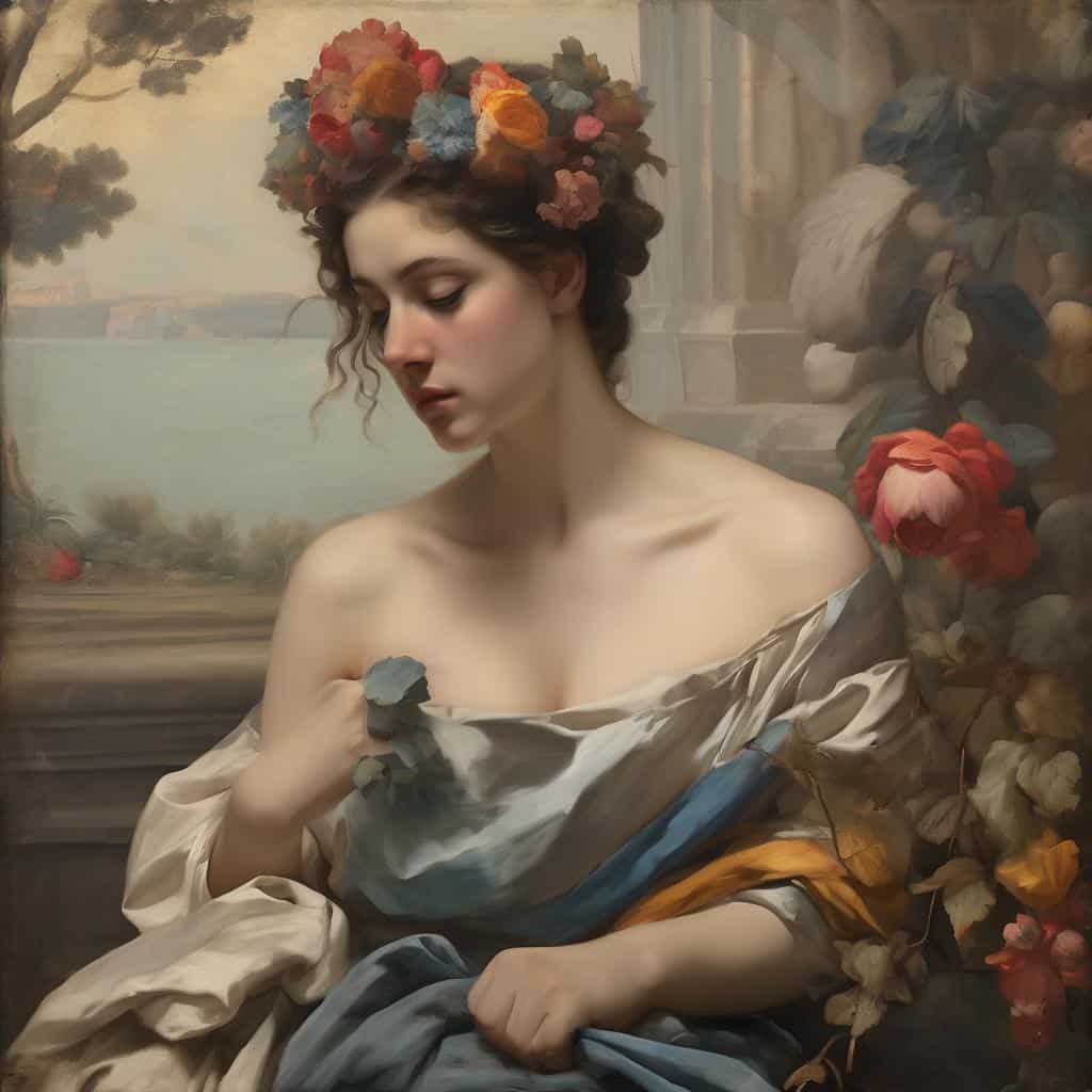 Λγυνική γυναίκα με κορώνα από λουλούδια, τέχνες και δημιουργικότητα, σύγχρονη ζωγραφική, τέχνη και καινοτομία στις τέχνες, έμπνευση.